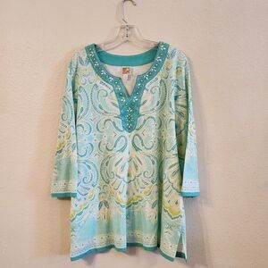 JM Collection 3/4 Sleeve Teal Paisley Design Tunic Shirt. Embellished Sz 2X NWOT